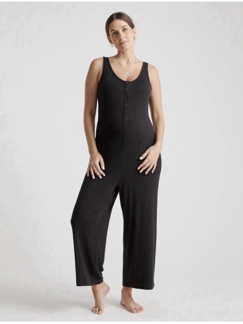 NWT Quince Bamboo Rib Maternity & Nursing Button Front Jumpsuit Size S Black